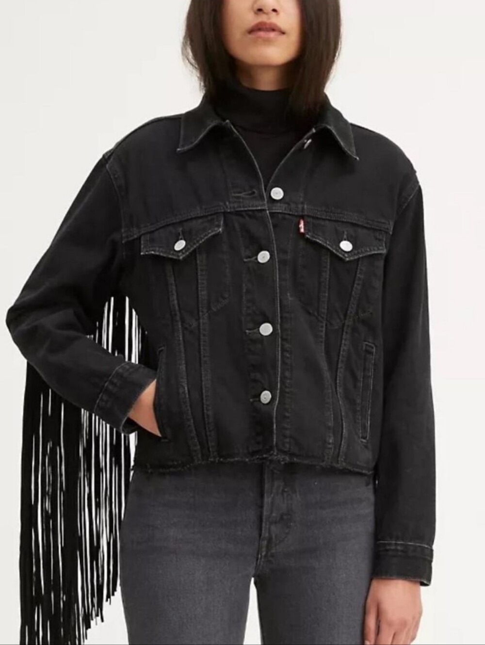 Levi's Ex-Boyfriend Black Denim Fringe Trucker Jacket Large Western Grunge